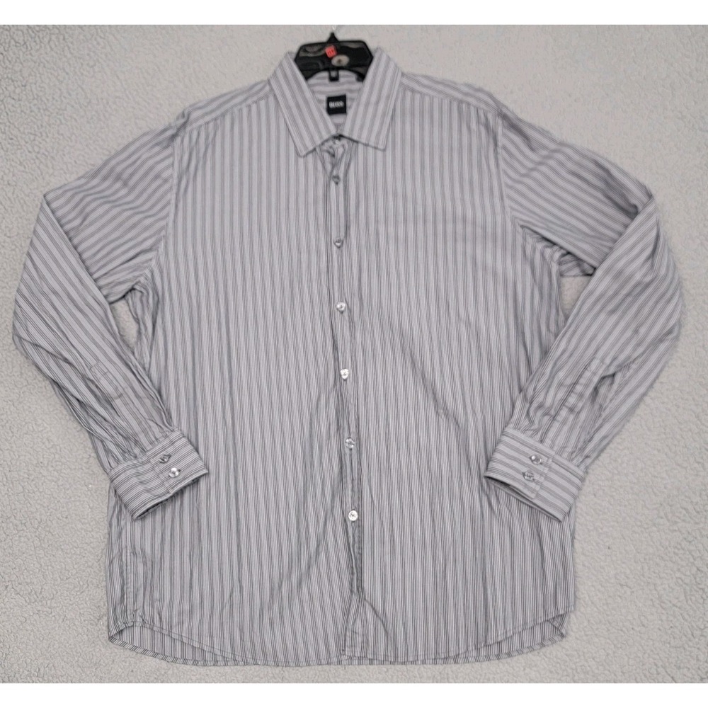 Hugo Boss Shirt‎ Mens 2XL XXL Gray Black Pinstripe Oxford Long Sleeve Dress